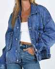 Blue Chest Pockets Drop Shoulder Loose Denim Jacket - Little Miss Vanilla