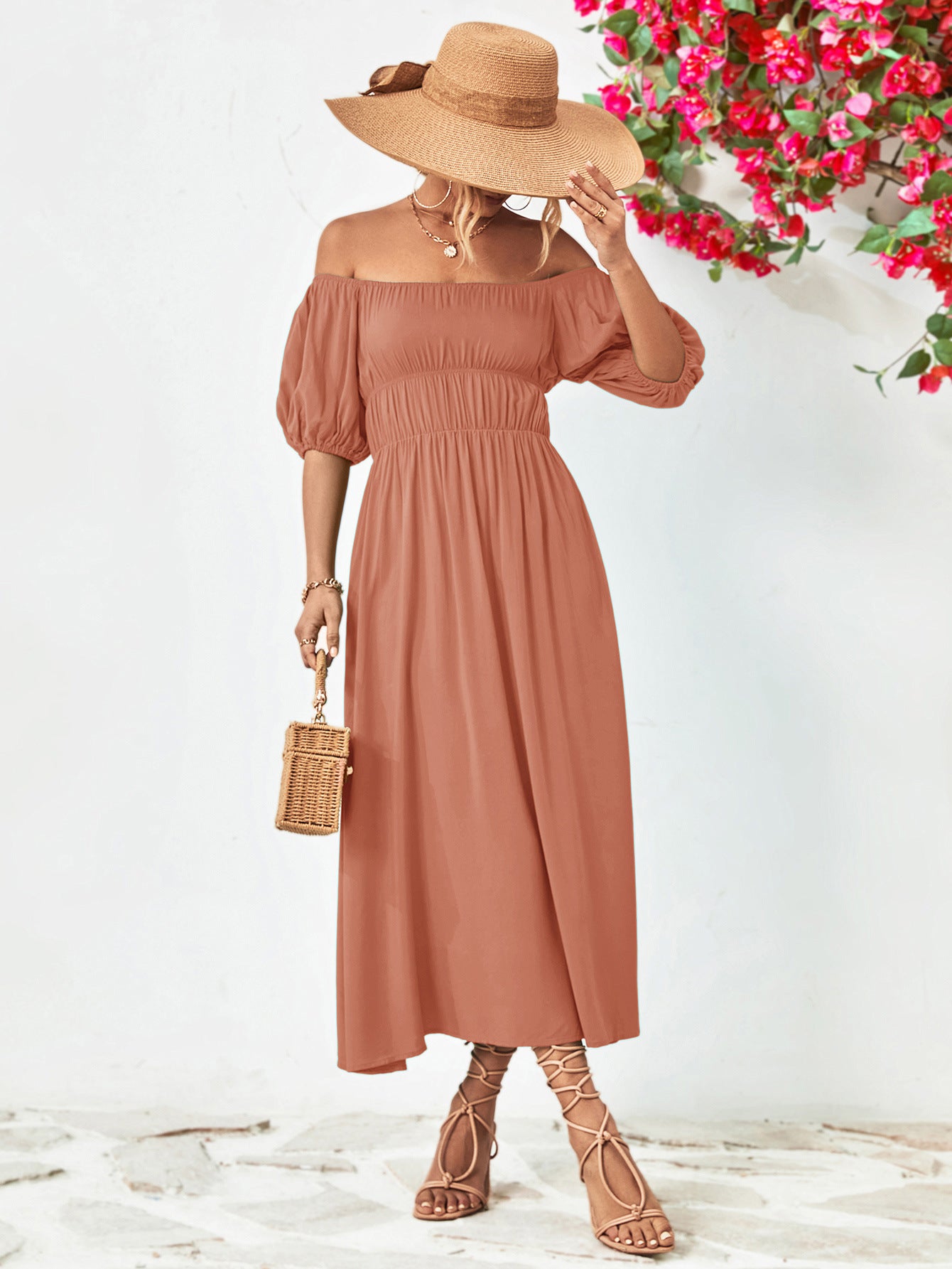 Off-Shoulder Balloon Sleeve Midi Dress - Little Miss Vanilla