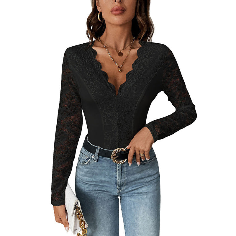 Women's Long Sleeve V-neck Lace Jumpsuit - Little Miss Vanilla