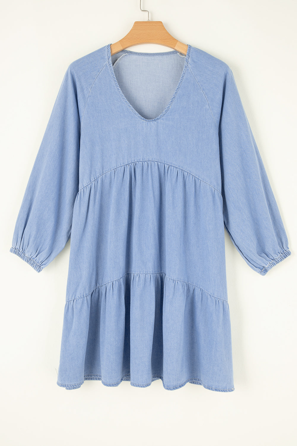 Beau Blue Puff Sleeve V Neck Tiered Ruffled Chambray Mini Dress - Little Miss Vanilla