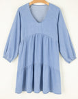 Beau Blue Puff Sleeve V Neck Tiered Ruffled Chambray Mini Dress - Little Miss Vanilla