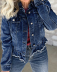 Navy Blue Ruffle Raw Hem Flap Pockets Denim Jacket