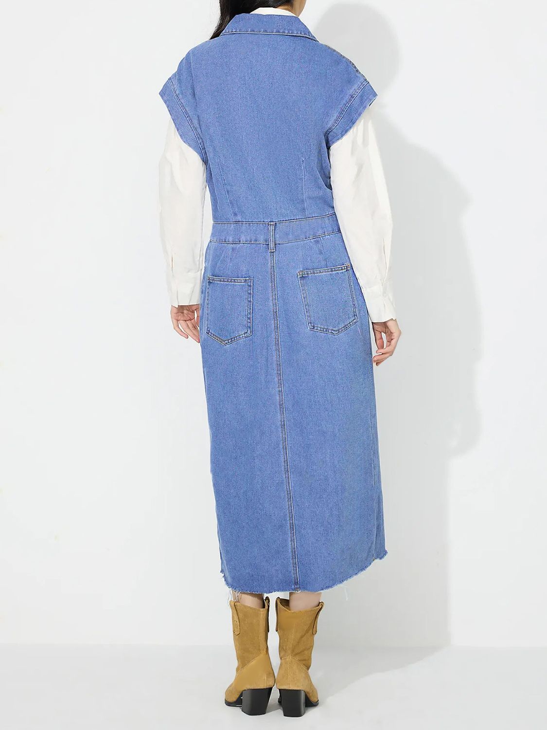 Slit Half Button Collared Neck Cap Sleeve Denim Dress - Little Miss Vanilla