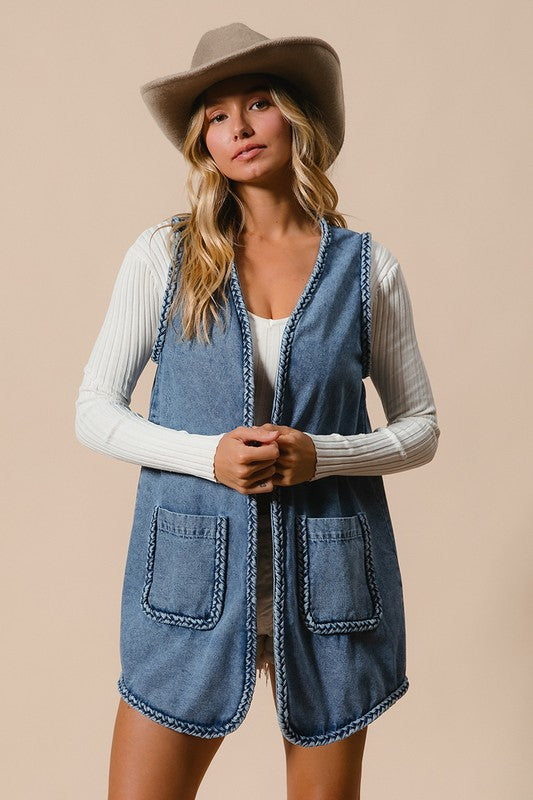 BiBi Braided Trim Open Front Denim Vest with Pockets - Little Miss Vanilla