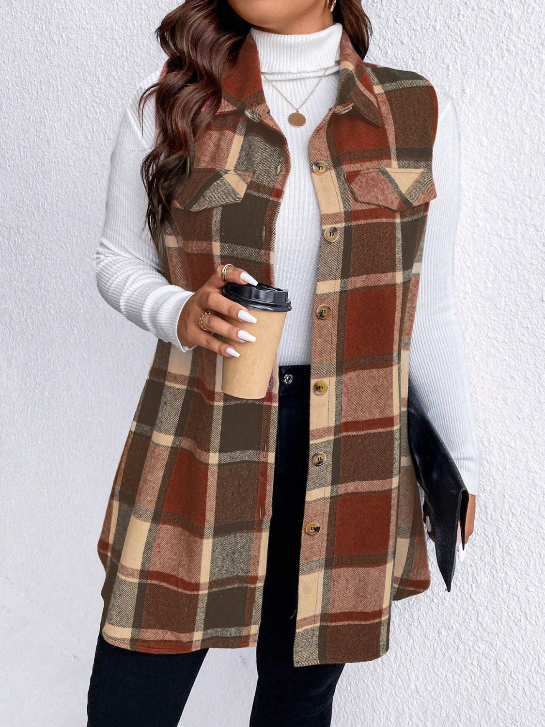 Honey Plus Size Pocketed Plaid Button Up Vest Coat - Little Miss Vanilla