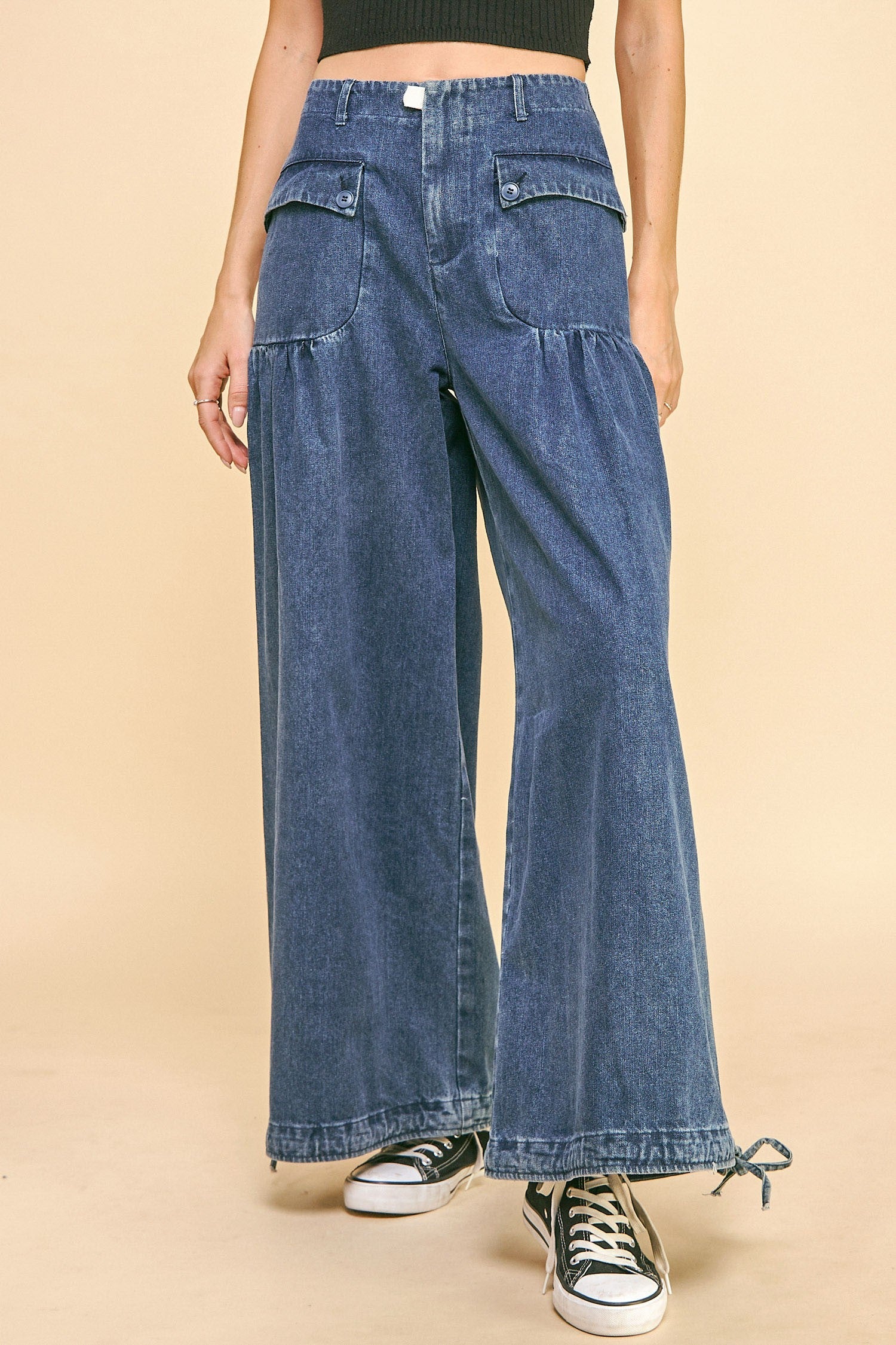 Davi & Dani Drawstring Hem Wide Leg Mid Rise Jeans - Little Miss Vanilla