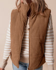 Coffee Corduroy Stand Neck Zipped Puffer Vest