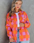 Orange Plaid Chest Pockets Button-up Turn Down Collar Jacket