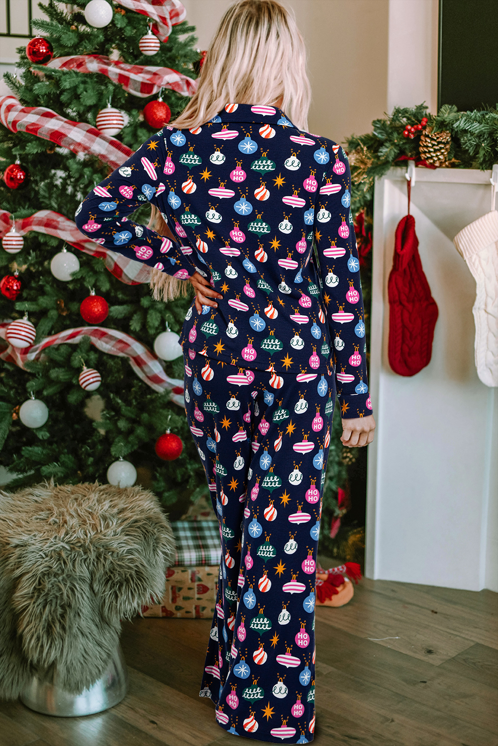 Navy Blue Colorful Christmas Lights Print Shirt and Pants Pajama Set - Little Miss Vanilla