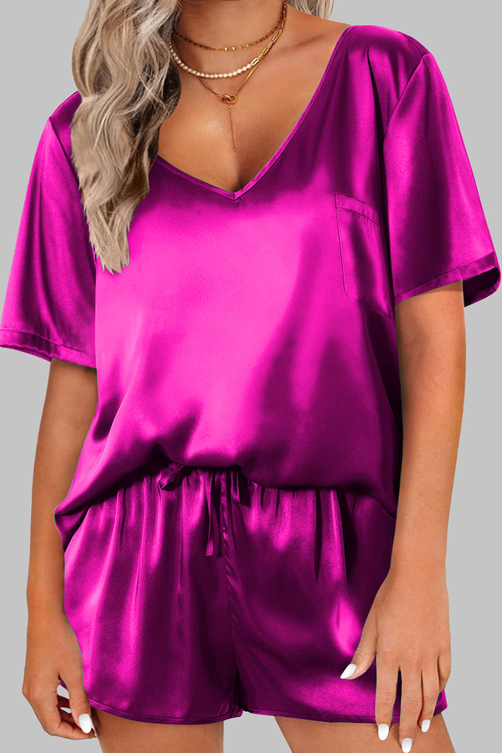 Bright Pink Satin V Neck Tee and Drawstring Shorts Set - Little Miss Vanilla