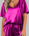 Bright Pink Satin V Neck Tee and Drawstring Shorts Set - Little Miss Vanilla