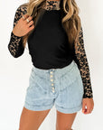 Mock Neck Long Sleeve Lace Patchwork T-Shirt - Little Miss Vanilla