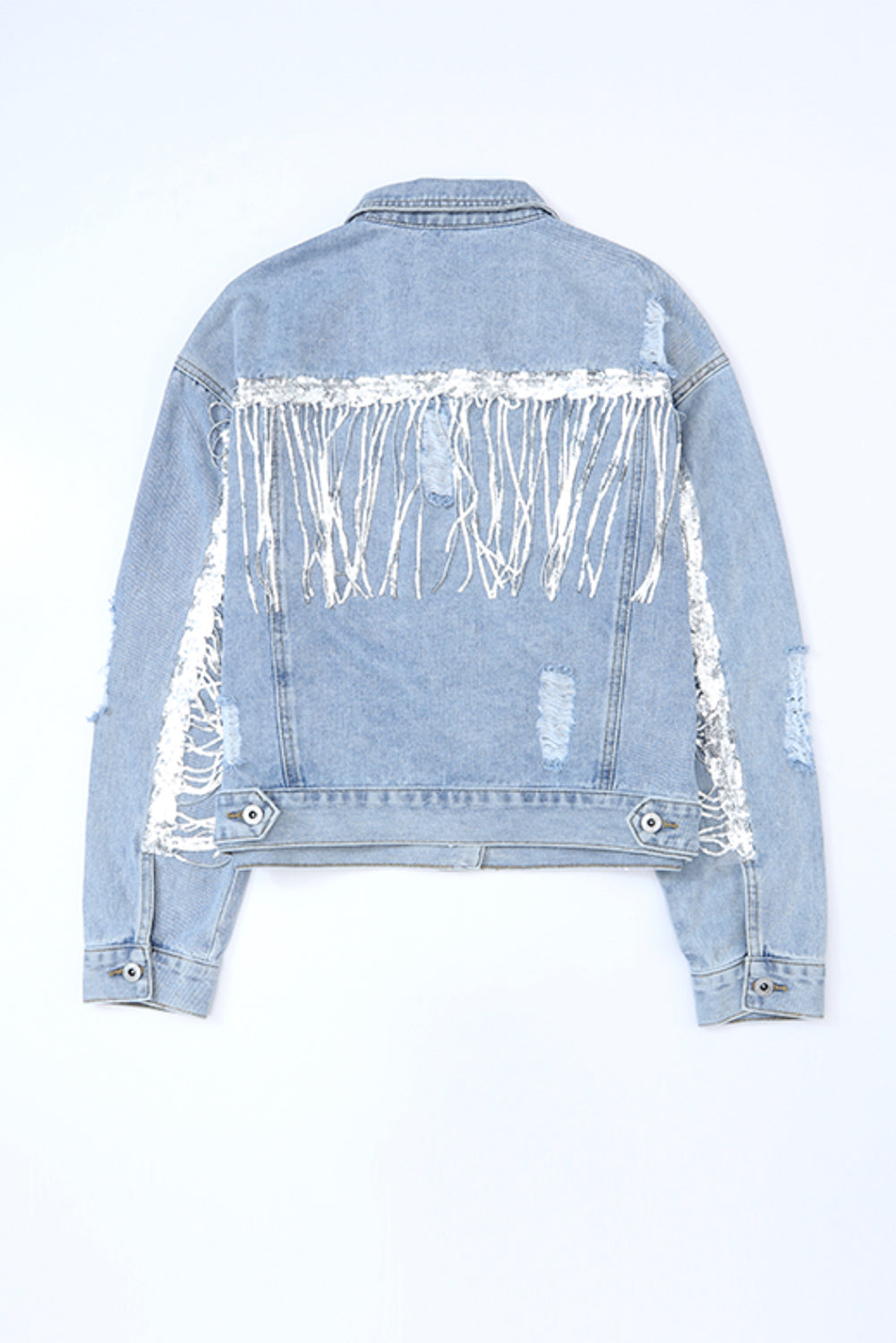 Sequin Fringe Trim Distressed Button Up Denim Jacket - Little Miss Vanilla