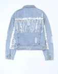 Sequin Fringe Trim Distressed Button Up Denim Jacket - Little Miss Vanilla