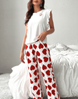 Red ruffled tank top and heart print pants lounge set for women, perfect for stylish and comfy sleepwear.