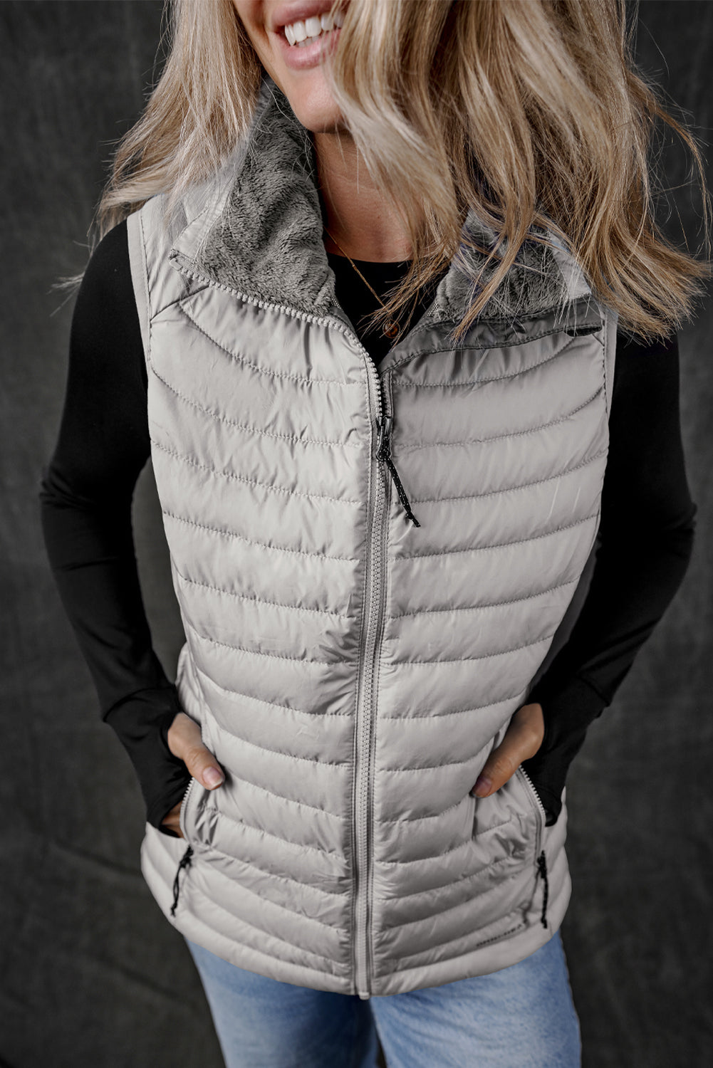 Silvery Plush Collared Quilted Zipped Puffer Vest - Little Miss Vanilla