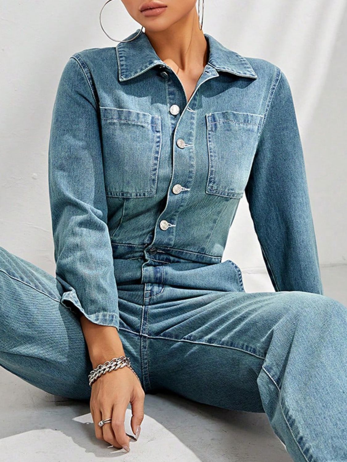 Half Button Long Sleeve Straight Leg Denim Jumpsuit - Little Miss Vanilla