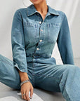 Half Button Long Sleeve Straight Leg Denim Jumpsuit - Little Miss Vanilla