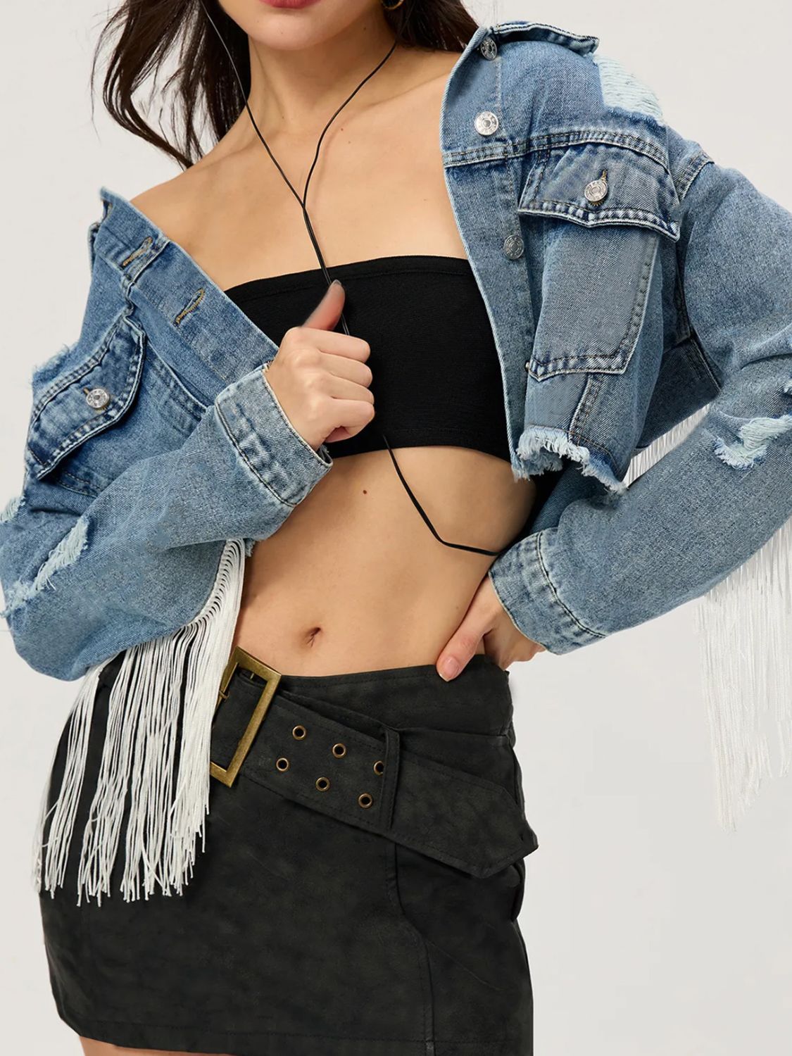 Distressed Fringe Collared Neck Cropped Denim Top - Little Miss Vanilla