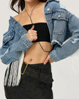 Distressed Fringe Collared Neck Cropped Denim Top - Little Miss Vanilla