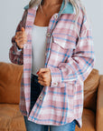 Pink Plaid Print Color Block Collared Flap Pockets Loose Shacket