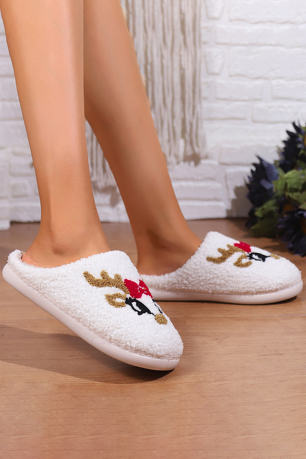 White Christmas Cartoon Pattern Plush Slippers - Little Miss Vanilla