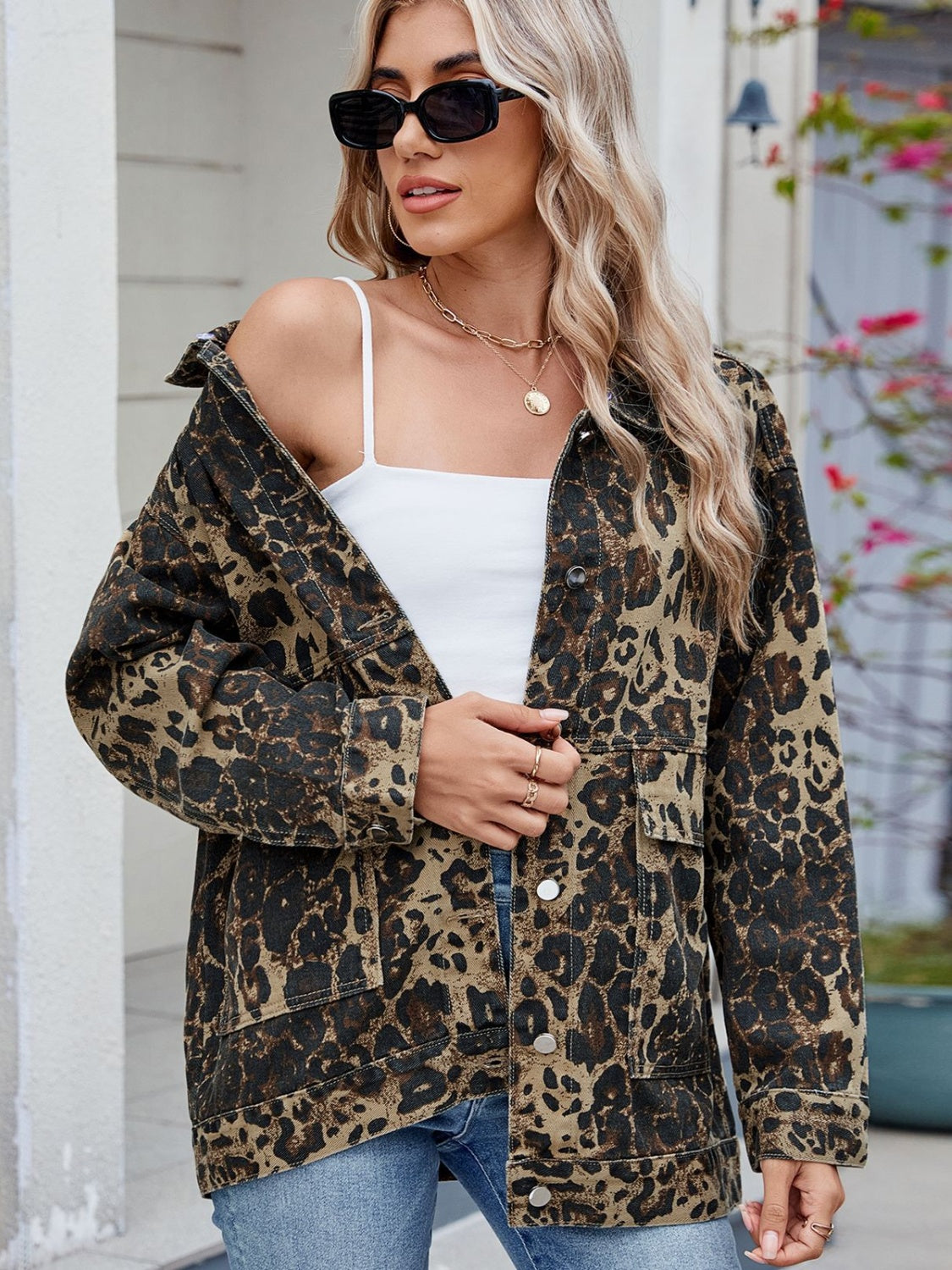 Leopard Button Up Drop Shoulder Denim Jacket - Little Miss Vanilla