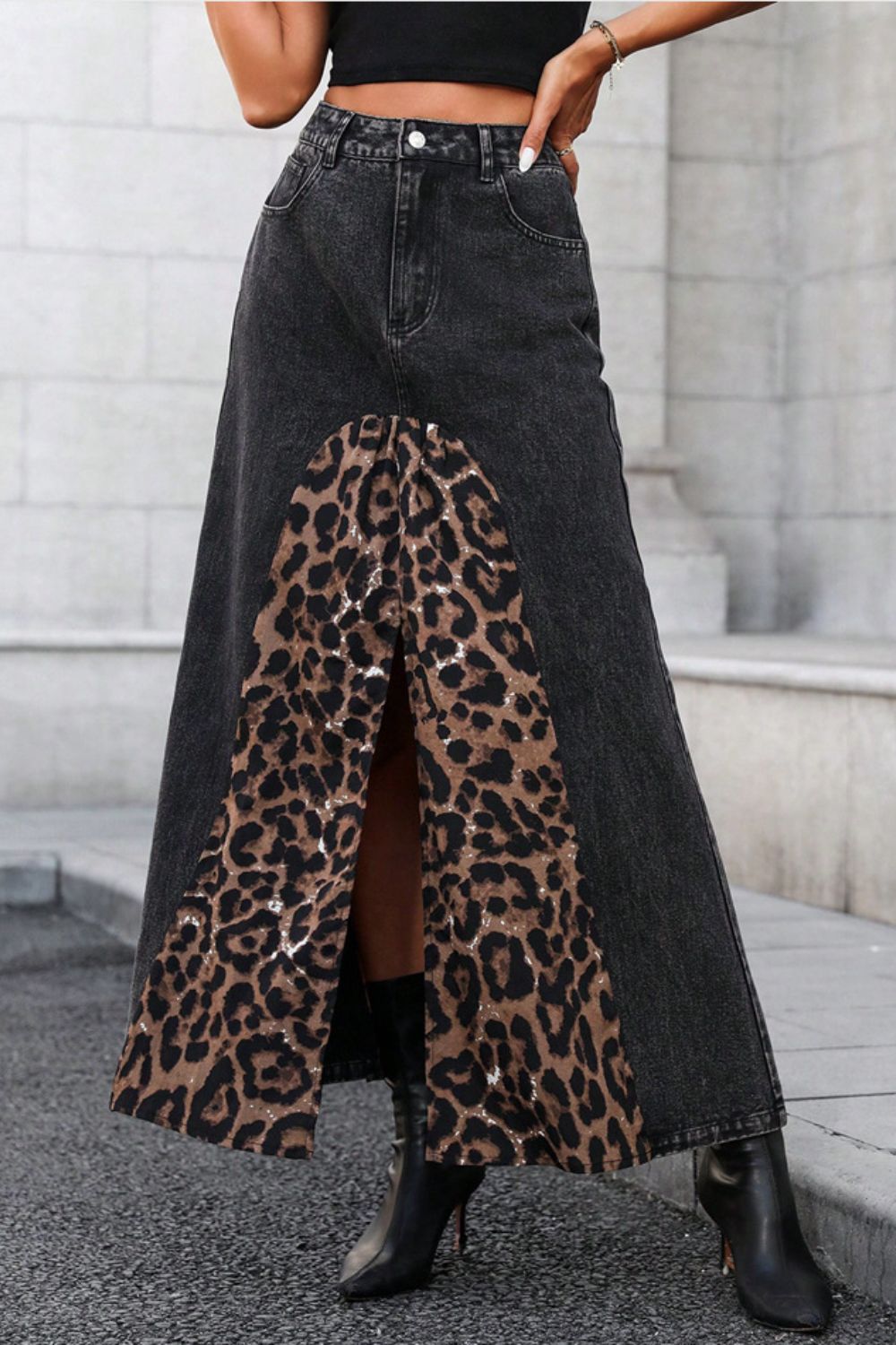 Slit Leopard Midi Denim Skirt - Little Miss Vanilla