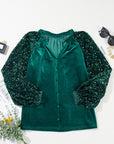 Sequin Notched Long Sleeve Blouse - Little Miss Vanilla