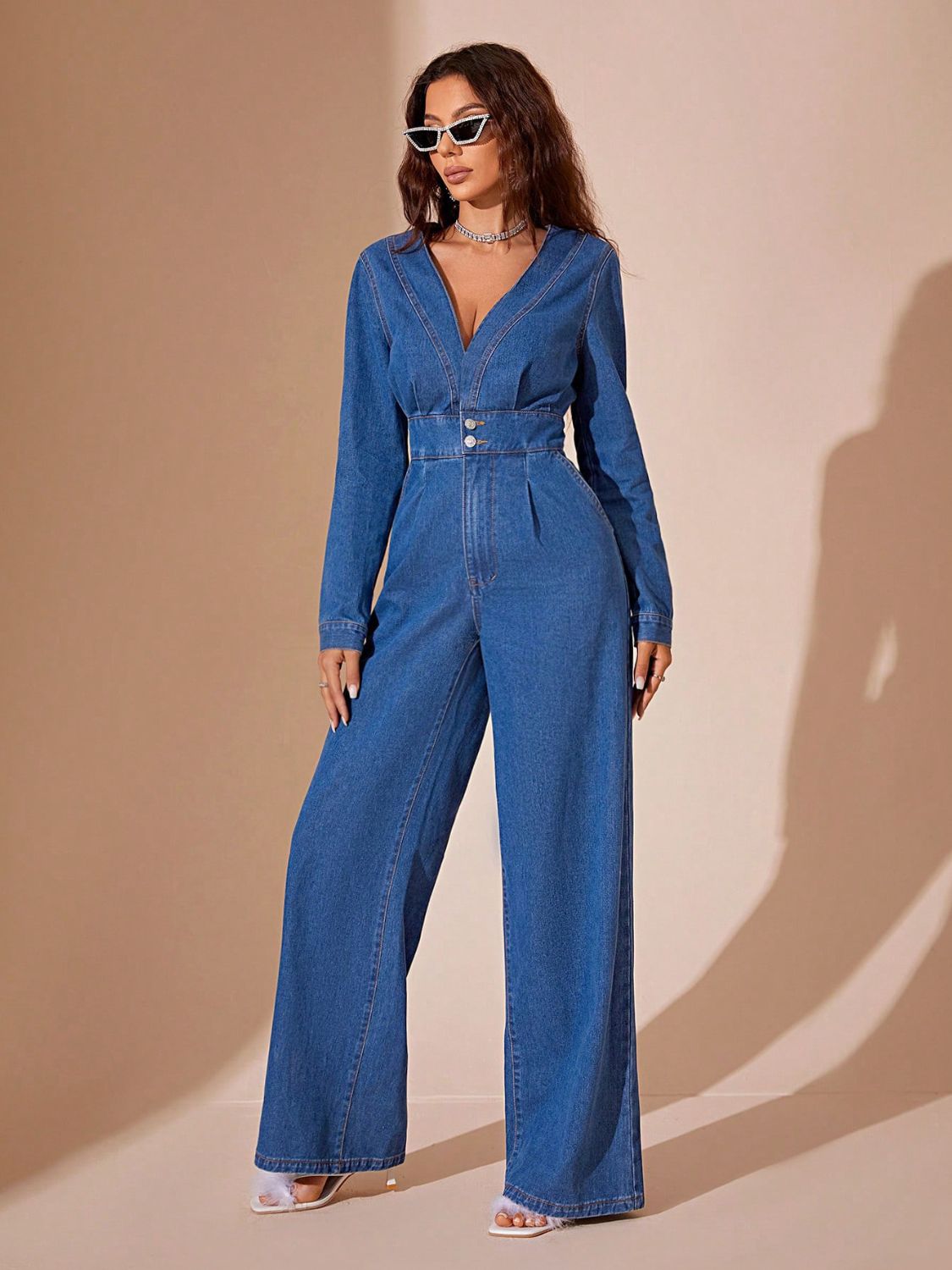 Plunge Long Sleeve Wide Leg Denim Jumpsuit - Little Miss Vanilla