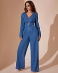 Plunge Long Sleeve Wide Leg Denim Jumpsuit - Little Miss Vanilla