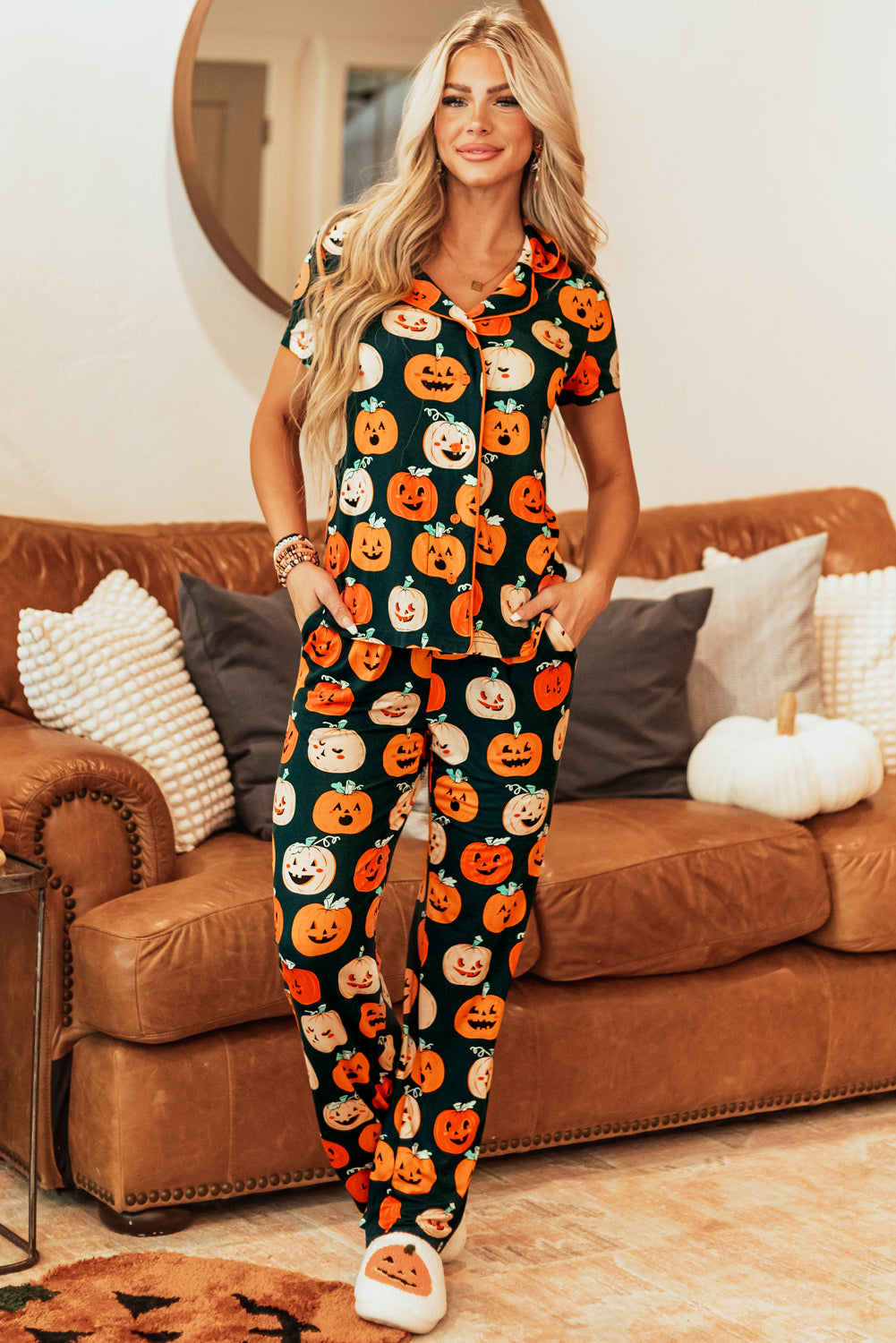 Orange Halloween Pattern Short Sleeve Shirt Pajama Set - Little Miss Vanilla