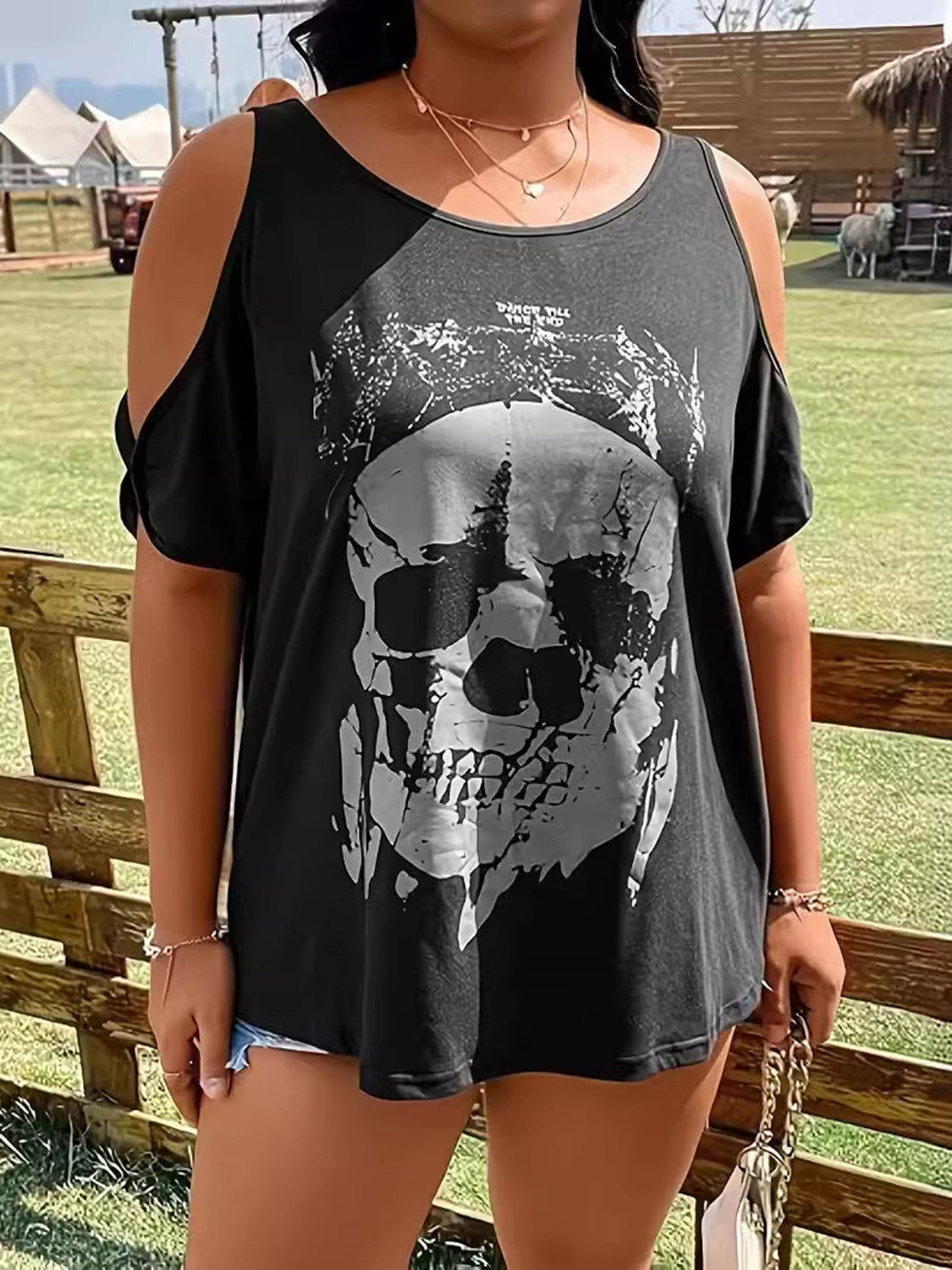 Plus Size Skeleton Graphic Round Neck Cold Shoulder T-Shirt - Little Miss Vanilla