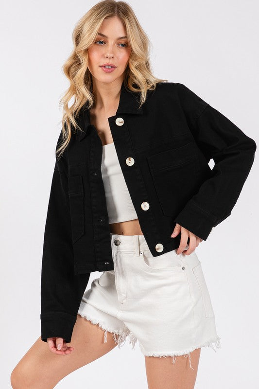 bytos Button Down Cropped Denim Jacket with Patch Pockets - Little Miss Vanilla