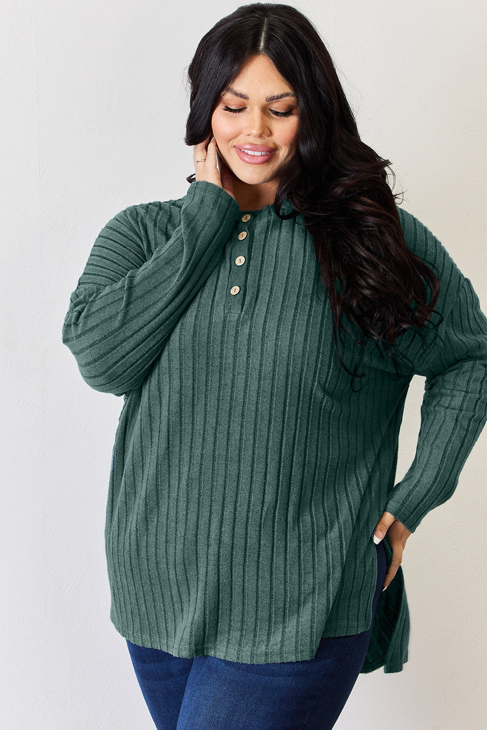 Basic Bae Full Size Ribbed Half Button Long Sleeve High-Low T-Shirt - Little Miss Vanilla