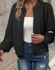 Black Solid Textured Stand Neck Zipper Bomber Jacket - Little Miss Vanilla