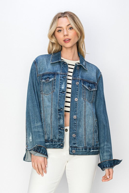 RISEN Full Size Distressed Button Up Jacket - Little Miss Vanilla