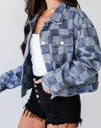 Light Blue Checkered Patchwork Button up Denim Jacket