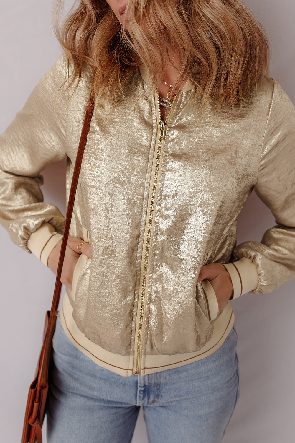 Pale Khaki Metallic Zip up Baseball Jacket - Little Miss Vanilla