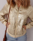 Pale Khaki Metallic Zip up Baseball Jacket - Little Miss Vanilla