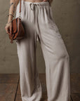 Beige Boho Linen Drawstring Waist Raw Edge Cargo Loose Pants