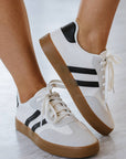 White Striped Lace-up Flat Sneakers