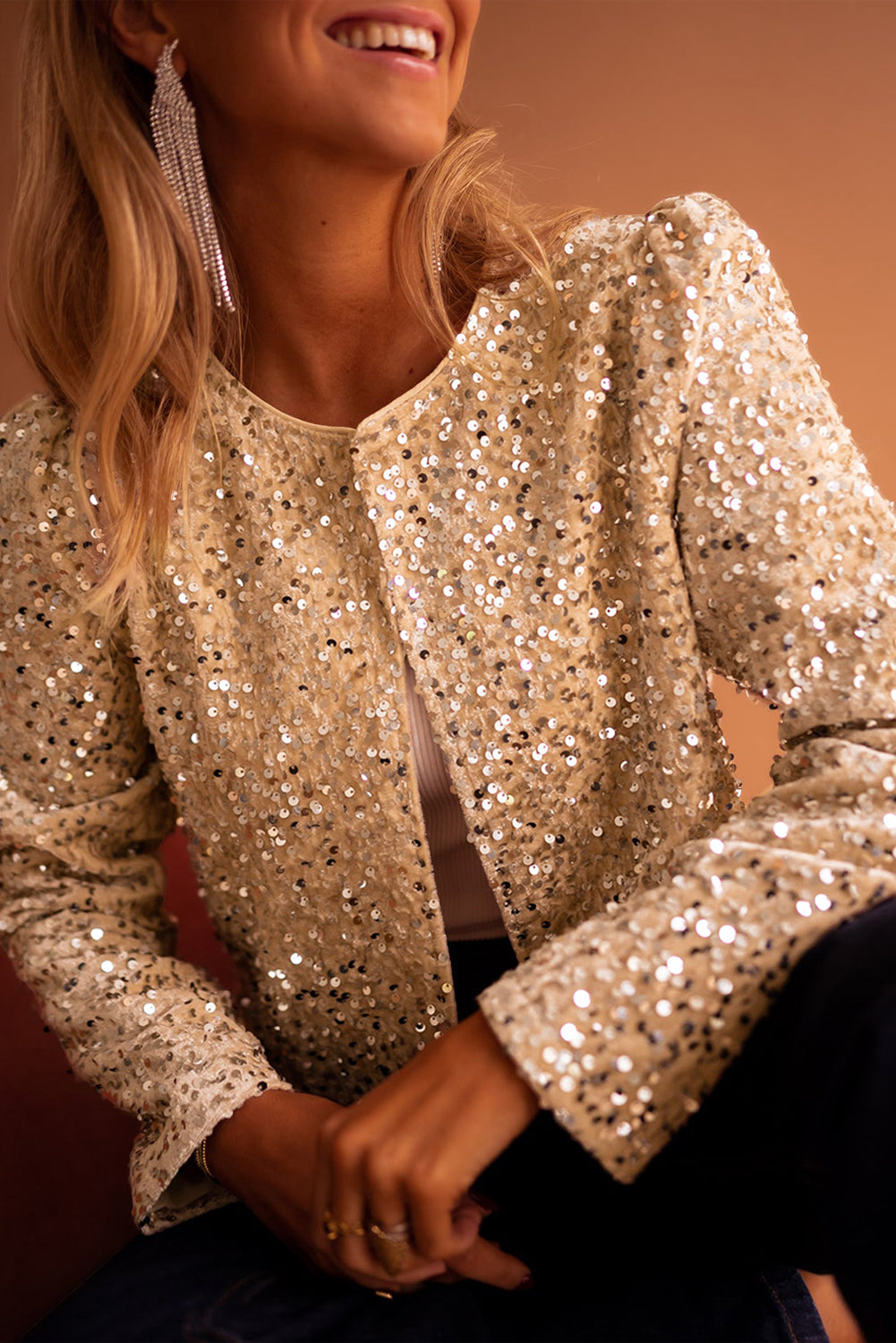 Golden Fleece Sequined Open Front Cropped Jacket - Little Miss Vanilla