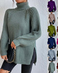 Turtleneck Pullover Sweater With Split Design Fashion Simple Solid Color Long Sleeve Tops Women's Clothing