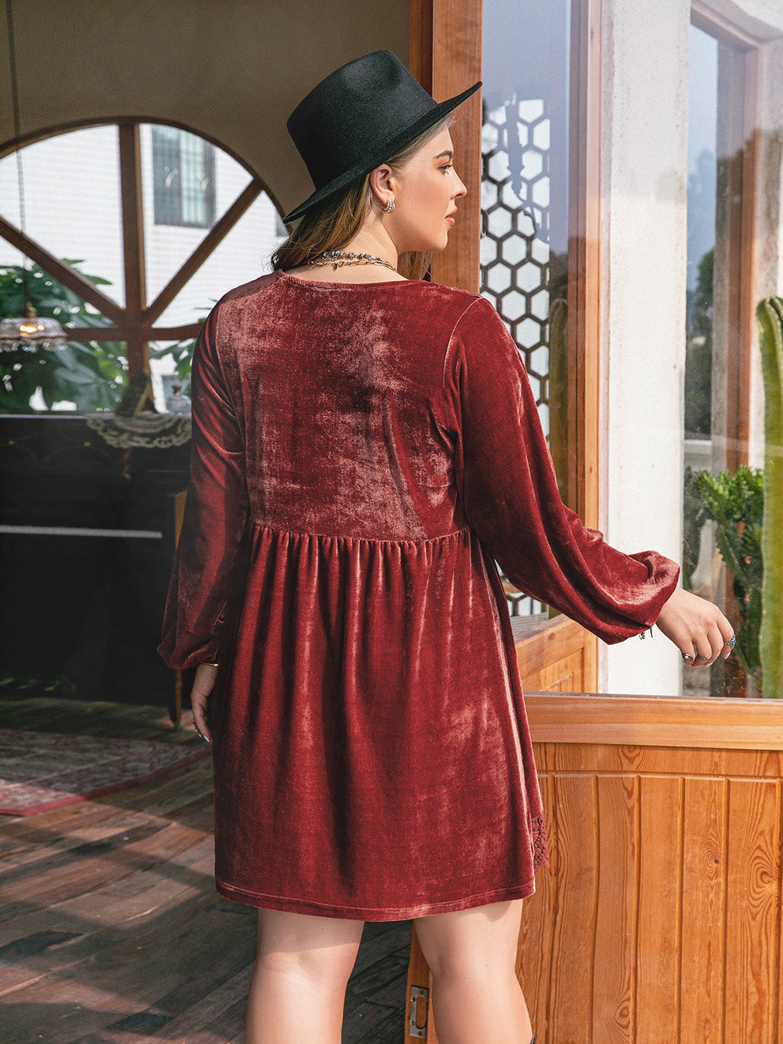 Plus Size Lace Detail V-Neck Long Sleeve Mini Dress - Little Miss Vanilla