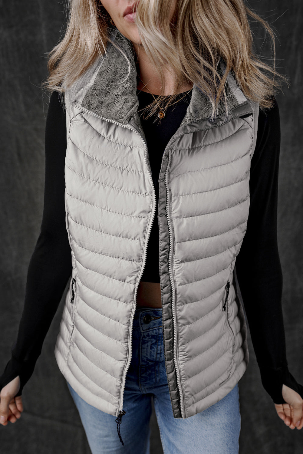 Silvery Plush Collared Quilted Zipped Puffer Vest - Little Miss Vanilla