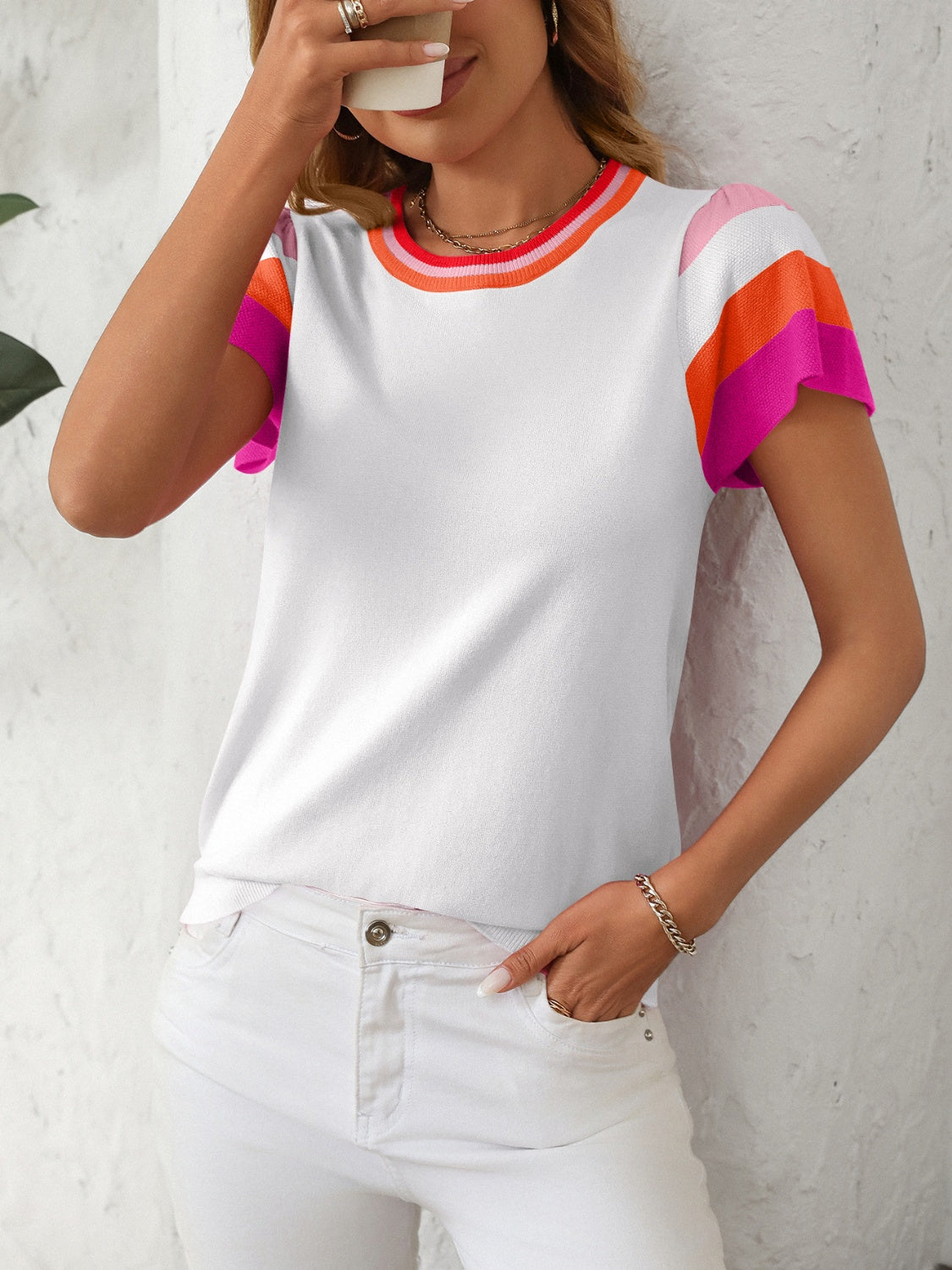 Mandy Contrast Round Neck Short Sleeve Knit Top - Little Miss Vanilla