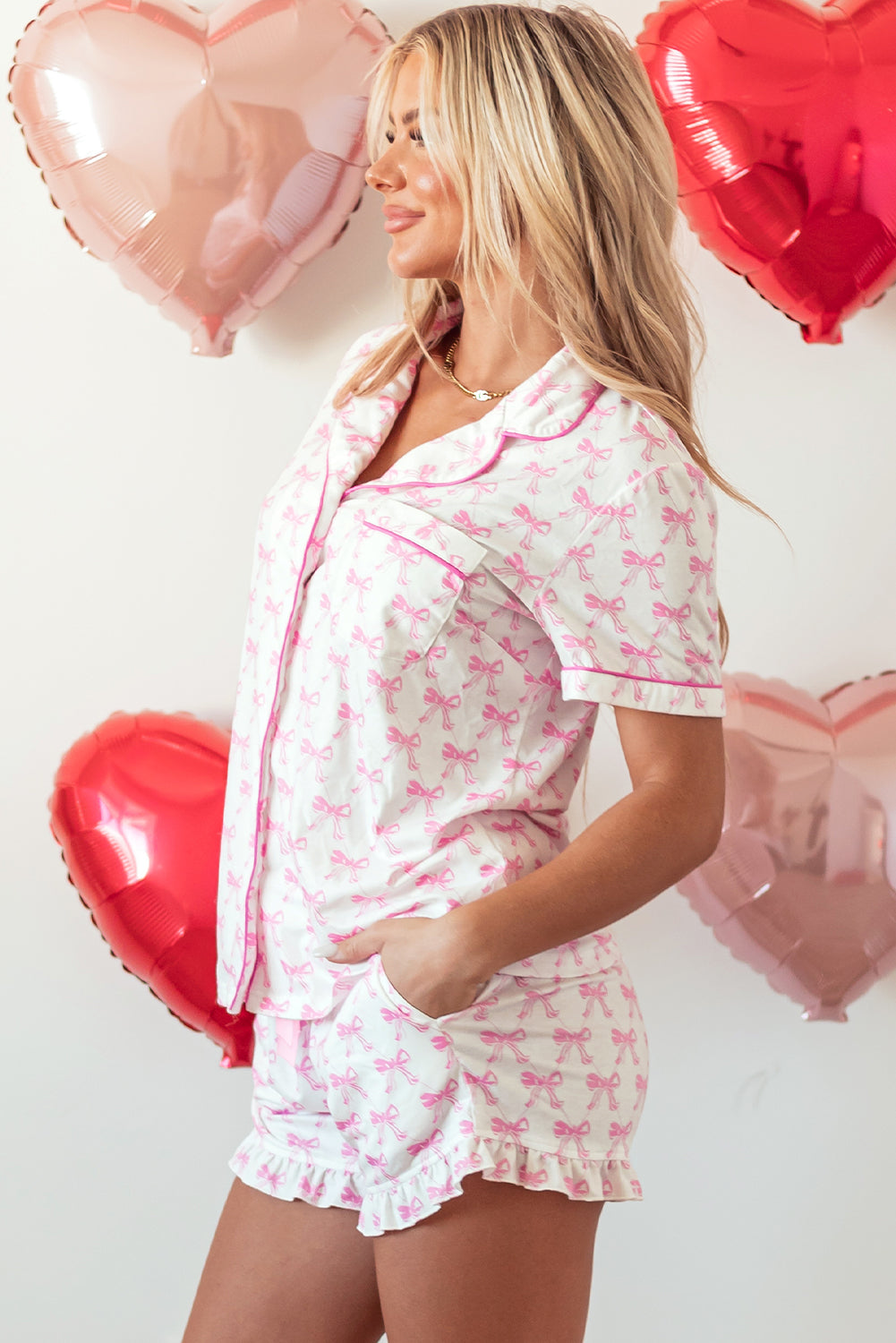 Pink Bowknot Printed Short Sleeve and Ruffled Shorts Pajama Set - Little Miss Vanilla