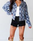 Light Blue Checkered Patchwork Button up Denim Jacket