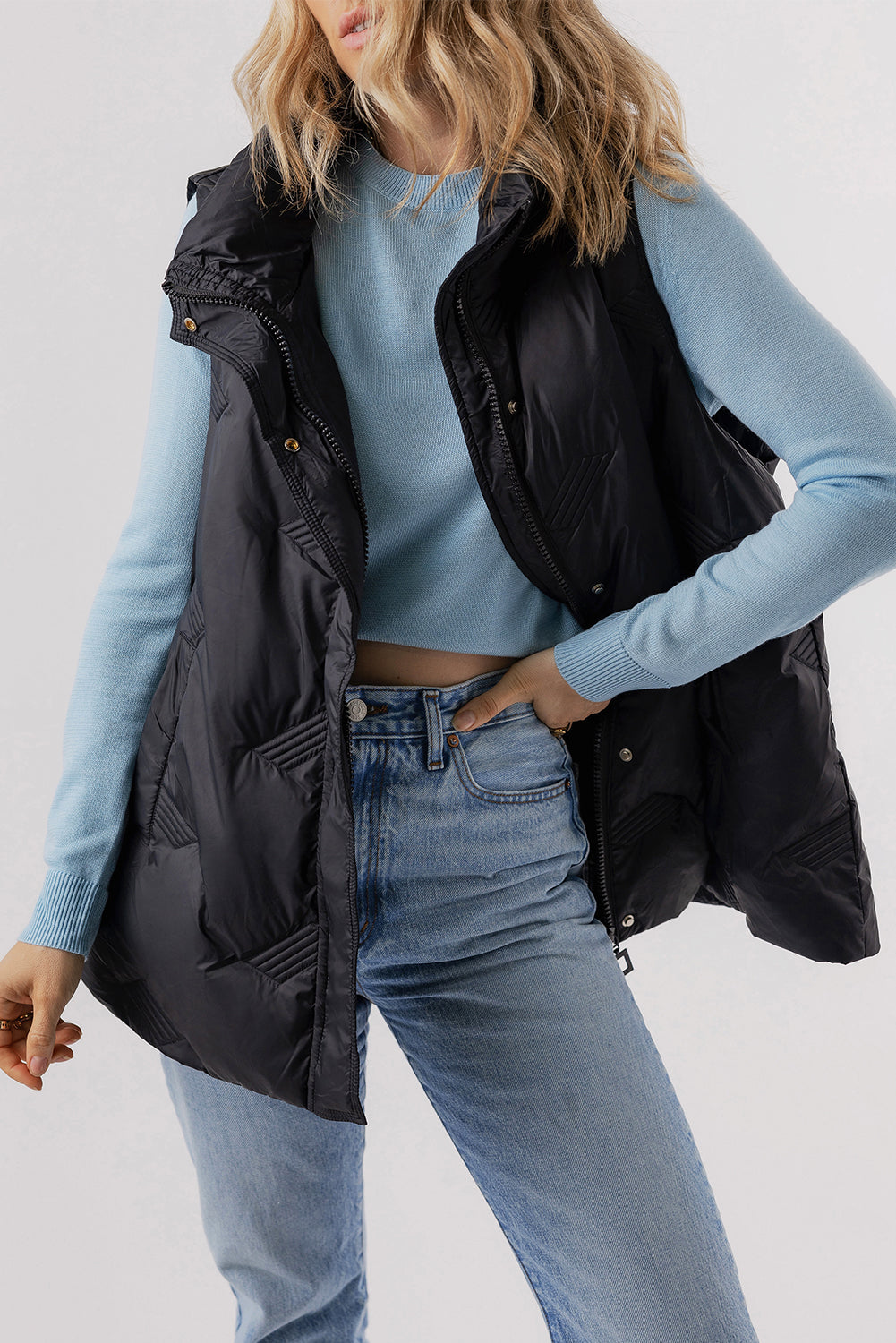 Black Quilted High Neck Zip Up Jacket Vest - Little Miss Vanilla